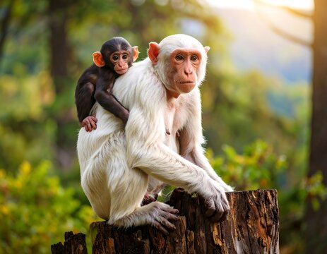 Mother monkey carrying baby in forest