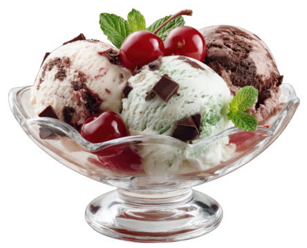Colorful ice cream scoops in a glass bowl, topped with cherries and mint leaves