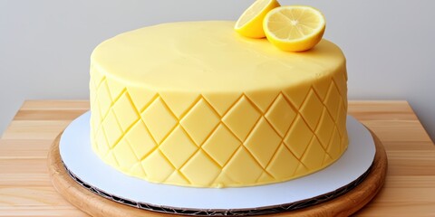 cake recipe artistic concept. Bright yellow cake decorated with a lemon on top, featuring a crisscross pattern.