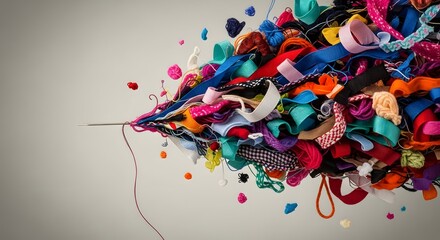 Obraz premium Needle's Explosion of Color: A needle bursts forth with an explosion of vibrant threads, ribbons, and fabrics, symbolizing creativity, artistry, and the boundless potential of textile arts.