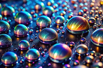 Iridescent spheres of water, reflecting vibrant colors on a dark surface, creating an abstract and mesmerizing pattern of light and shadow