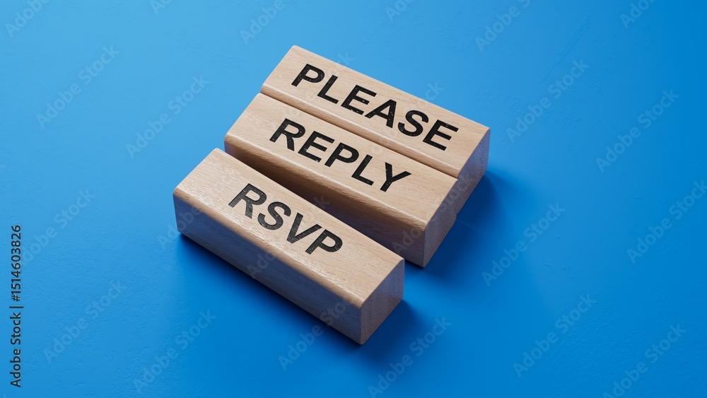 Poster word please reply rsvp. wooden small cubes with letters. wooden blocks. copy space.3d rendering on b