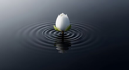 Water Lily Serenity: A delicate, pristine water lily bud rests serenely upon the tranquil surface of a pool, encircled by graceful ripples that emanate outwards, evoking a sense of peace and harmony.