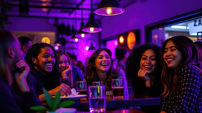 Group of smiling, laughing diverse young adults socialize at a dimly lit bar - Powered by Adobe