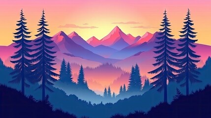 Colorful mountain landscape with silhouette trees at dawn.