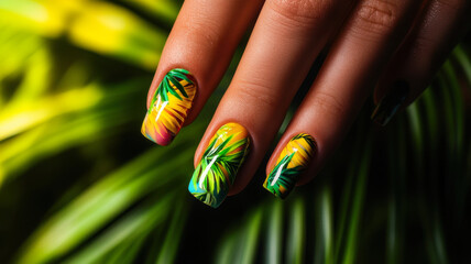 Tropical nails with bold palm leaf motifs on a vivid female hand for a summery vibe