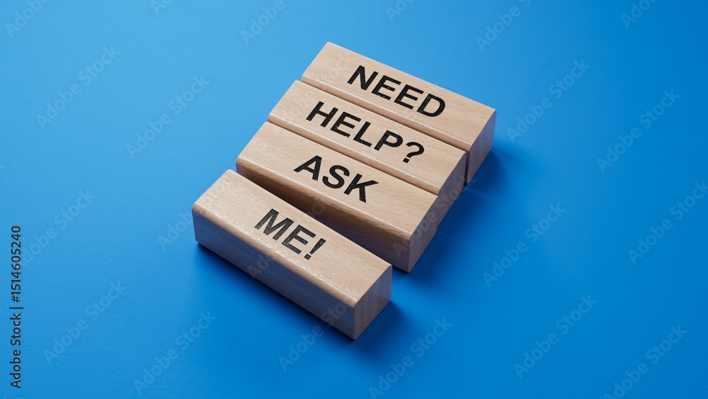 Poster need help? ask me! symbol. concept words need help ask me on wooden blocks.business and need help as