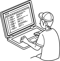 Cartoon illustration of a businessman working on a laptop in the office