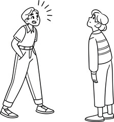 Business people vector illustration with a man and woman talking, fashion style outline drawing