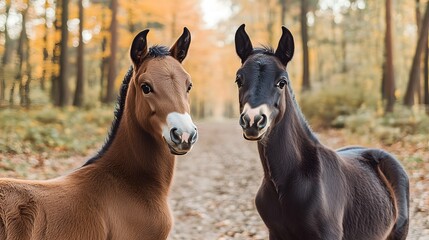 Fototapeta premium Two Foals in Autumn Forest Path