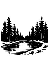 Black and white forest landscape with river in center, ideal for engraving, print, logo, book illustration, and creative design