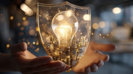 Photorealistic close-up, translucent shield made of patent papers and brand logos protecting glowing lightbulb, holographic cityscape reflecting in shield surface, hands with.