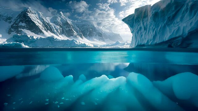 cold blue icy ocean with iceberg half underwater view and half over water view, half water, half sky