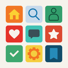A set of icons with a house, heart, star, and other shapes. The house icon is yellow and the heart icon is red