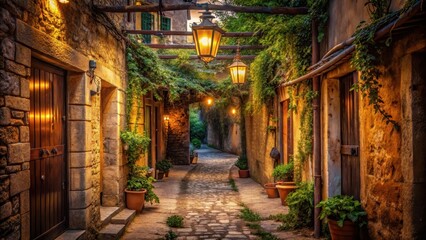Fototapeta premium Enchanted Evening in a Stone-Walled Village Lane with Soft Golden Lighting and Lush Greenery