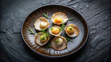 Gourmet Scallops on Dark Plate An Elegant Appetizer Presentation with Fresh Herbs