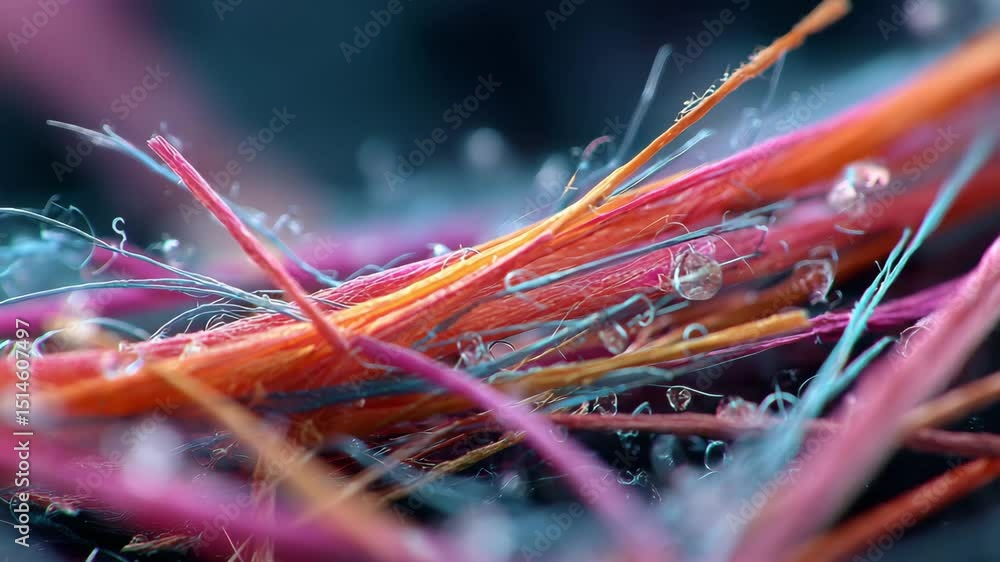 Poster microplastics concept ,colorful fibers and threads close up detail showcase intricate textures and v