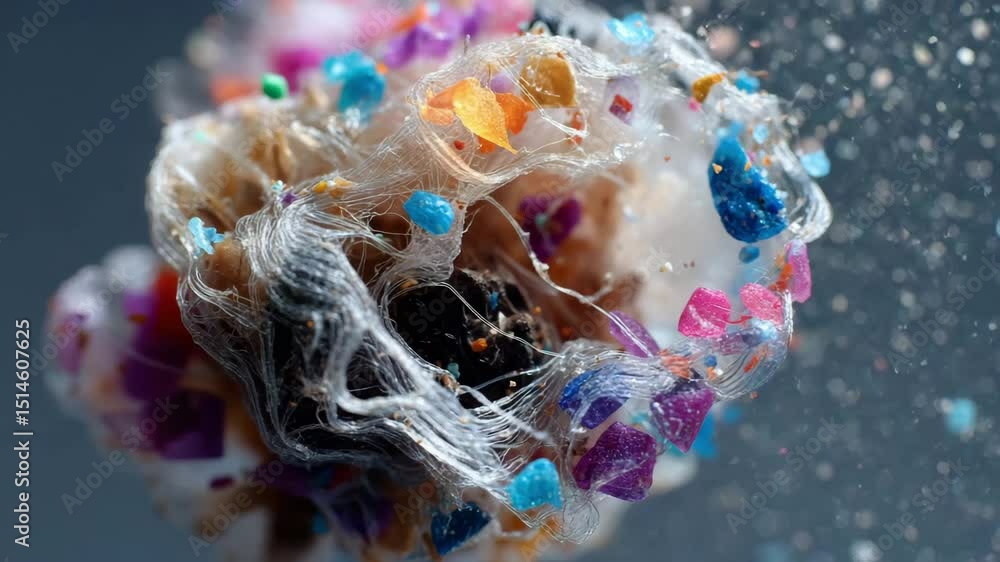 Poster microplastics concept ,colorful textured close up of intricate composition with particles and fibers
