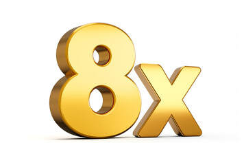3d illustration of golden number 8x or Eight Times isolated on white background with shadow.