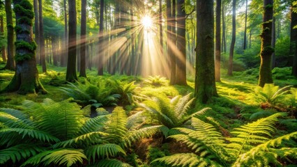 Fototapeta premium Sunlit Forest Path Serene Dawn in a Verdant Woodland with Lush Ferns