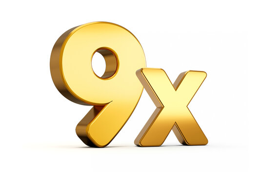 3d illustration of golden number 9x or Nine Times isolated on white background with shadow.