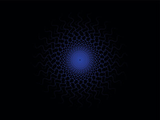 A striking, abstract design featuring a vibrant indigo radial pattern emanating from a central point on a pure black background.