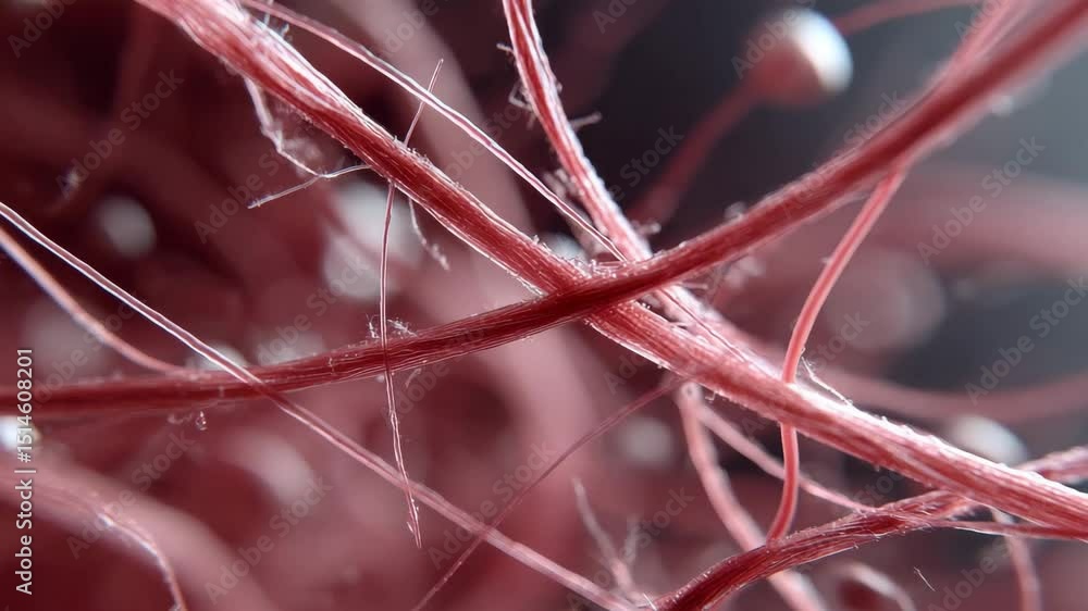 Poster microplastics concept ,intricate close up of delicate red fibers intertwined, showcasing soft textur