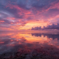 Naklejka premium Pink and Orange Sunrise Over Calm Ocean Water.