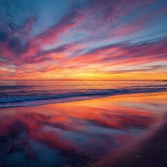 Pink and Orange Sunrise Over Calm Ocean Water.