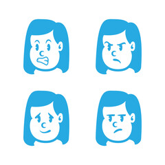 Set of cartoon girl faces with straight hair showing 4 expressions: angry, smiling, winking, and surprised. Great for education, apps, stickers, or emotional UI design
