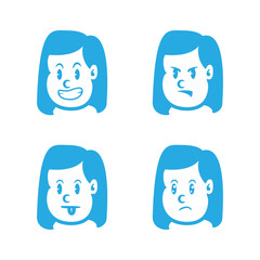 Set of cartoon girl faces with straight hair showing 4 expressions: angry, smiling, winking, and surprised. Great for education, apps, stickers, or emotional UI design