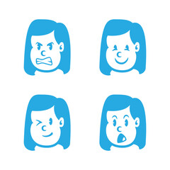 Set of cartoon girl faces with straight hair showing 4 expressions: angry, smiling, winking, and surprised. Great for education, apps, stickers, or emotional UI design