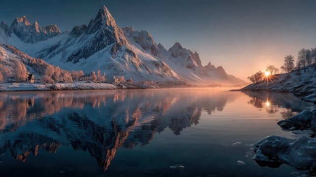 breathtaking panoramic view of a mountain lake at sunrise, crystal clear water reflecting snow-covered peaks, mist rising from the surface, golden morning light illuminating the.
