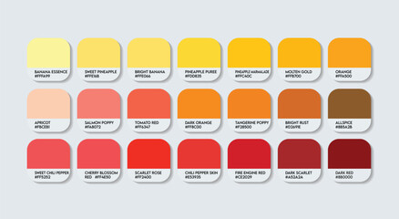Yellow and Red Color Palette, Orange and Yellow Color Guide Palette with Color Names. Catalog Samples of Red and Yellow with RGB HEX codes and Names. Paint, sunrise and sunset Fashion Trend Colors