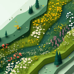 Stunning LowPoly River Landscape Vibrant Wildflowers  Lush Greenery