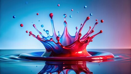 Dynamic Dual-Colored Liquid Collision A Vibrant Splash of Crimson and Azure Hues Creating an Abstract Artwork Featuring Intricate Details and a Striking Visual Impact