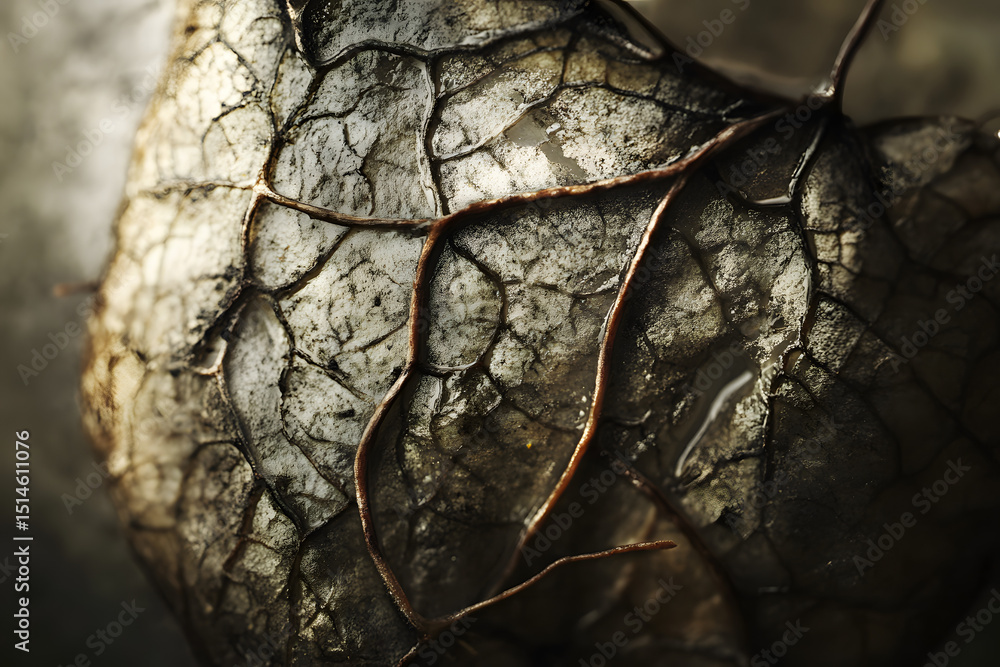 Poster close-up photo of a grape leaf. the veins resemble an intricate network of small rivers.