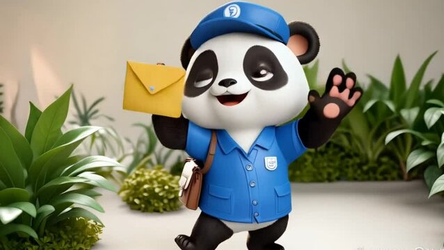 a happy panda wearing a blue mailman uniform, waving while holding a yellow envelope, surrounded by plants, 3D cartoon style with joyful expression and bright background
