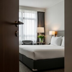 Hotel Room Interior with Bed, Flowers, and Door Partially Open, Modern Design
