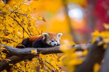 Red panda rests on autumn branch