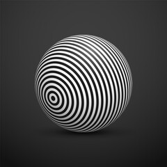 Abstract optical illusion sphere. Hypnotic spiral ball with black and white lines. Vector illustration.