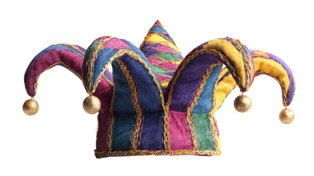 isolate transparent. Colorful jester hat with playful design elements. PNG Die-cut