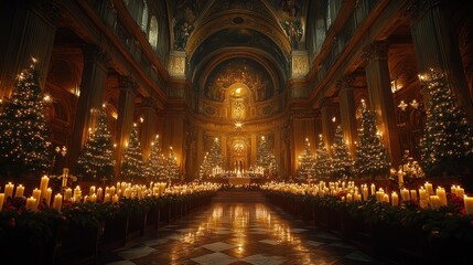 Fototapeta premium Grand Christmas church interior, adorned with numerous trees and candles