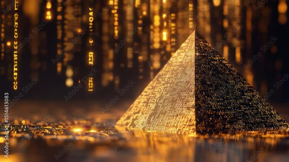 Poster golden pyramid data stream: a pyramid basks in a golden data stream in a conceptual illustration, su