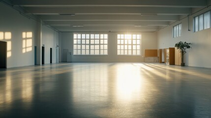 Sunlit, empty industrial space with large windows.