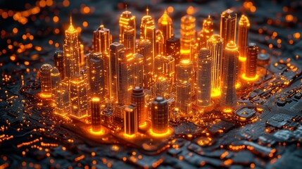 Fototapeta premium Fiery Metropolis on a Circuit Board