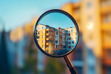 Housing Challenges Concept: Magnifying Glass on Modern Home. Generative AI