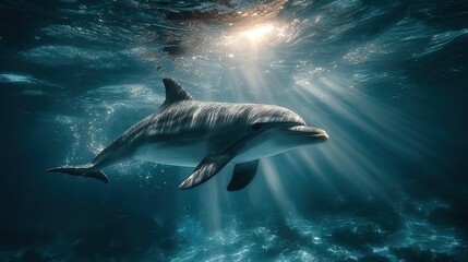 A cute dolphin gliding gracefully through sunlit seawater, its flippers propelling it gently beneath shimmering light spots in a serene underwater environment.