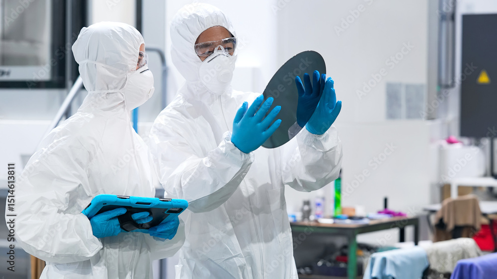 Poster 半導体工場でタブレットを見ながらシリコンウエハーを検査する防護服を着た男女作業員