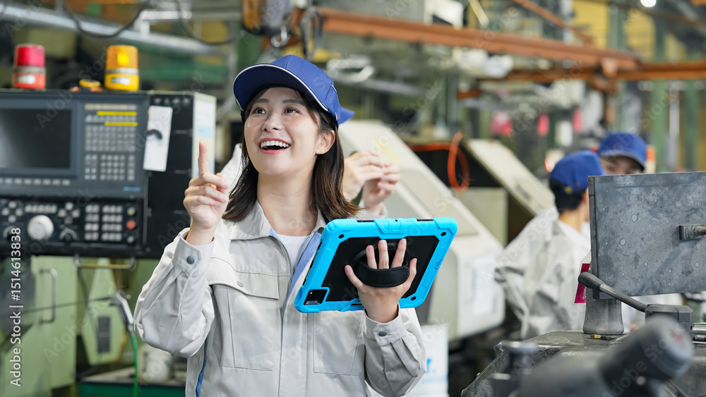Poster タブレットpcを持って機械を点検する作業員グループ